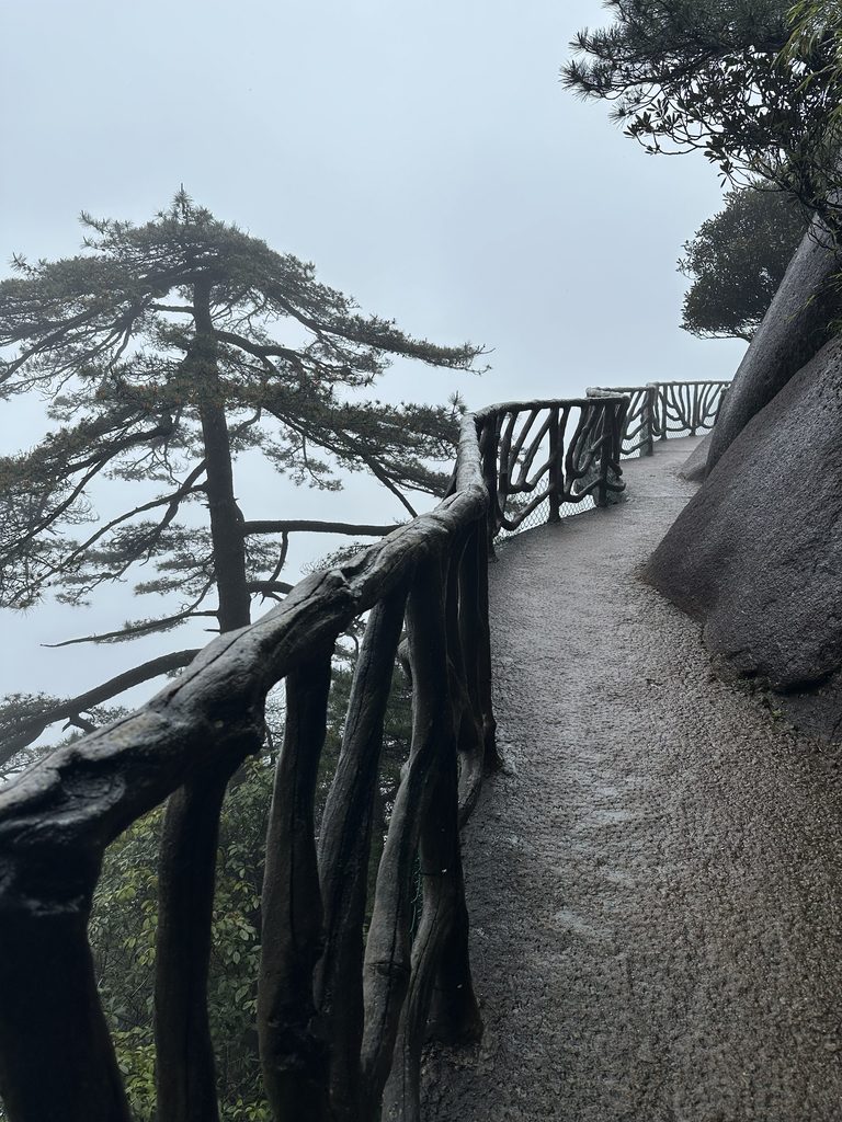 A mountain walkway winding into mist