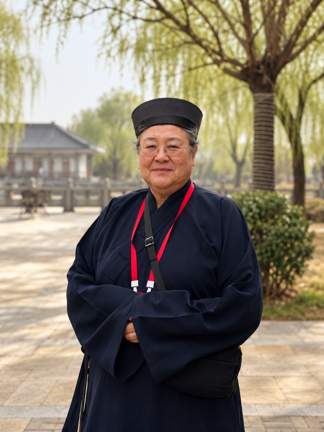Veronica standing in a courtyard wearing her Daoist practice robe